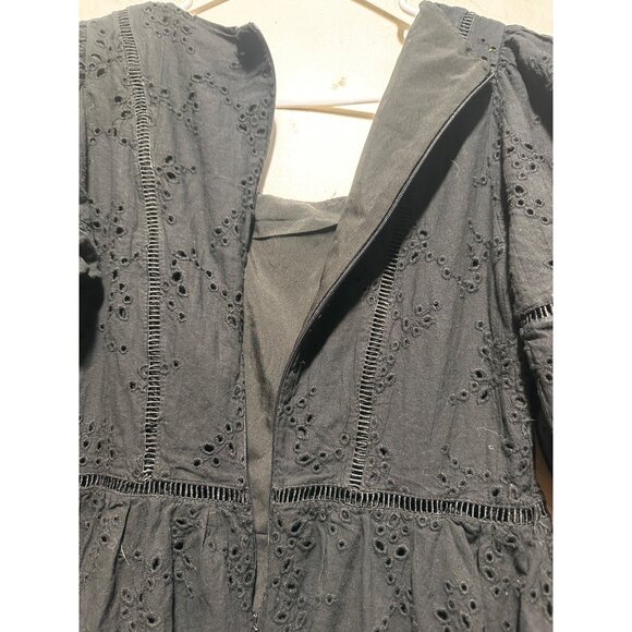 Beulah Eyelet bubble Hem Mini Dress fit flare Medium Black Puff Sleeves Romantic - Picture 11 of 16